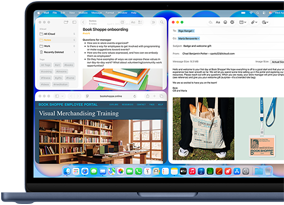 MacBook Neo, Farbe Indigo, das Display zeigt eine Begrüßungsmail für neue Mitarbeitende in einer Buchhandlung, andere Fenster enthalten Notizen mit Informationen zum Onboarding und zum Mitarbeiterportal der Buchhandlung in Safari